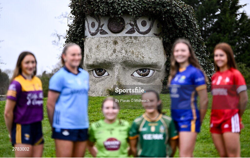 9 April 2024; Players, from left, Beibhinn McDonald of Wexford and Líadan Murphy of Dublin, Minor B finalists, Sophie Knightly of Kildare and Kerrie Cole of Meath, Minor A finalists, and Minor C semi-finalist Leila Shannon of Wicklow and Minor C finalist Brígh McEnteggart of Louth at the Leinster LGFA Minor Captains’ evening at Dún na Sí Park in Moate, Westmeath, ahead of the upcoming 2024 Minor Championship Finals. Photo by Piaras Ó Mídheach/Sportsfile