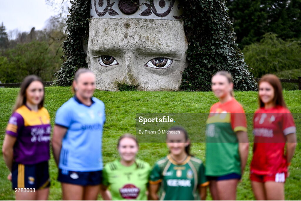 9 April 2024; Players, from left, Beibhinn McDonald of Wexford and Líadan Murphy of Dublin, Minor B finalists, Sophie Knightly of Kildare and Kerrie Cole of Meath, Minor A finalists, and Minor C semi-finalist Clodagh Mahon of Carlow and Minor C finalist Brígh McEnteggart of Louth at the Leinster LGFA Minor Captains’ evening at Dún na Sí Park in Moate, Westmeath, ahead of the upcoming 2024 Minor Championship Finals. Photo by Piaras Ó Mídheach/Sportsfile