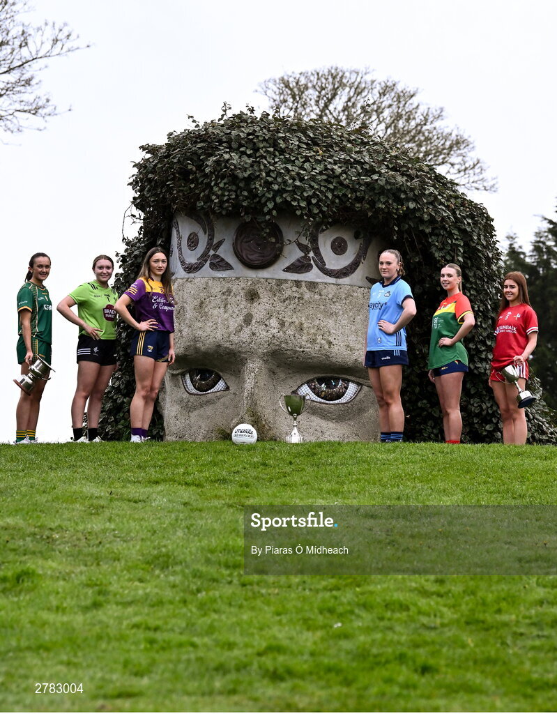 9 April 2024; Players, from left, Kerrie Cole of Meath and Sophie Knightly of Kildare, Minor A finalists, Beibhinn McDonald of Wexford and Líadan Murphy of Dublin, Minor B finalists, and Minor C semi-finalist Clodagh Mahon of Carlow and Minor C finalist Brígh McEnteggart of Louth at the Leinster LGFA Minor Captains’ evening at Dún na Sí Park in Moate, Westmeath, ahead of the upcoming 2024 Minor Championship Finals. Photo by Piaras Ó Mídheach/Sportsfile