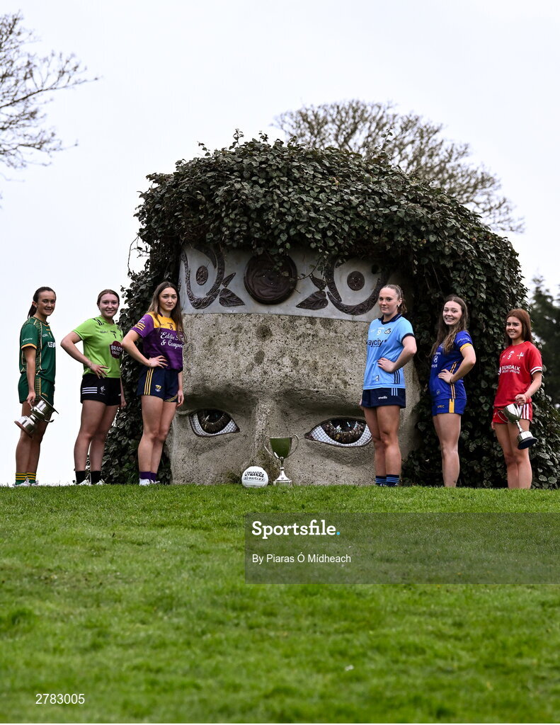9 April 2024; Players, from left, Kerrie Cole of Meath and Sophie Knightly of Kildare, Minor A finalists, Beibhinn McDonald of Wexford and Líadan Murphy of Dublin, Minor B finalists, and Minor C semi-finalist Leila Shannon of Wicklow and Minor C finalist Brígh McEnteggart of Louth at the Leinster LGFA Minor Captains’ evening at Dún na Sí Park in Moate, Westmeath, ahead of the upcoming 2024 Minor Championship Finals. Photo by Piaras Ó Mídheach/Sportsfile