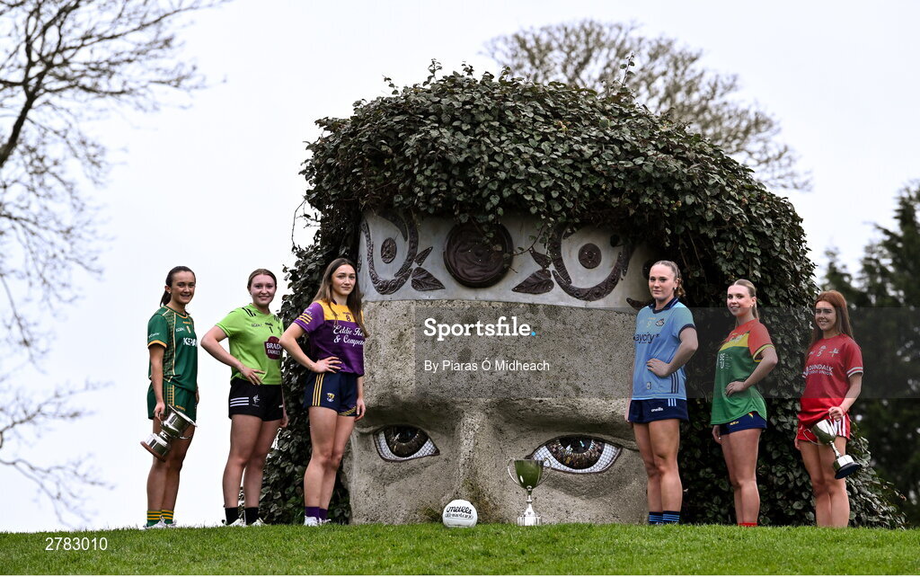 9 April 2024; Players, from left, Kerrie Cole of Meath and Sophie Knightly of Kildare, Minor A finalists, Beibhinn McDonald of Wexford and Líadan Murphy of Dublin, Minor B finalists, and Minor C semi-finalist Clodagh Mahon of Carlow and Minor C finalist Brígh McEnteggart of Louth at the Leinster LGFA Minor Captains’ evening at Dún na Sí Park in Moate, Westmeath, ahead of the upcoming 2024 Minor Championship Finals. Photo by Piaras Ó Mídheach/Sportsfile