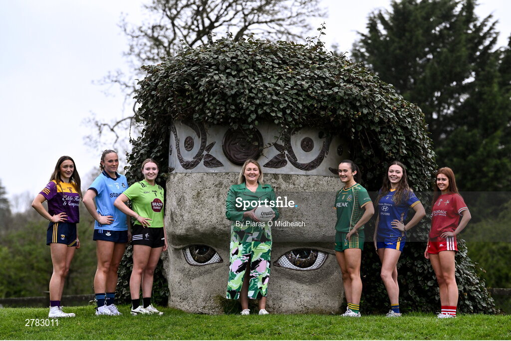 9 April 2024; Leinster LGFA President Trina Murray with players, from left, Beibhinn McDonald of Wexford and Líadan Murphy of Dublin, Minor B finalists, Sophie Knightly of Kildare and Kerrie Cole of Meath, Minor A finalists, and Minor C semi-finalist Leila Shannon of Wicklow and Minor C finalist Brígh McEnteggart of Louth at the Leinster LGFA Minor Captains’ evening at Dún na Sí Park in Moate, Westmeath, ahead of the upcoming 2024 Minor Championship Finals. Photo by Piaras Ó Mídheach/Sportsfile