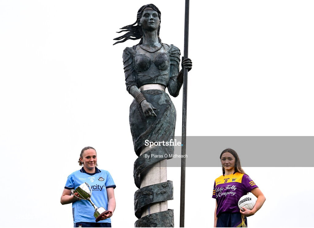 9 April 2024; Leinster LGFA Minor B finalists Líadan Murphy of Dublin and Beibhinn McDonald of Wexford at the Leinster LGFA Minor Captains’ evening at Dún na Sí Park in Moate, Westmeath, ahead of the upcoming 2024 Leinster LGFA Minor Championship Finals. Photo by Piaras Ó Mídheach/Sportsfile