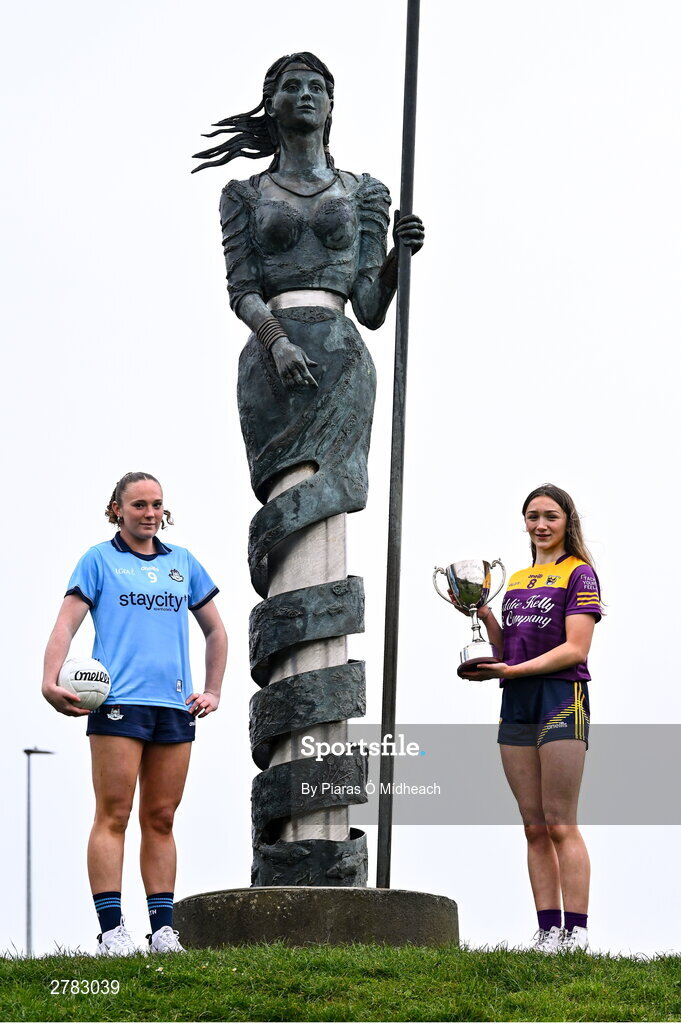 9 April 2024; Leinster LGFA Minor B finalists Líadan Murphy of Dublin and Beibhinn McDonald of Wexford at the Leinster LGFA Minor Captains’ evening at Dún na Sí Park in Moate, Westmeath, ahead of the upcoming 2024 Leinster LGFA Minor Championship Finals. Photo by Piaras Ó Mídheach/Sportsfile