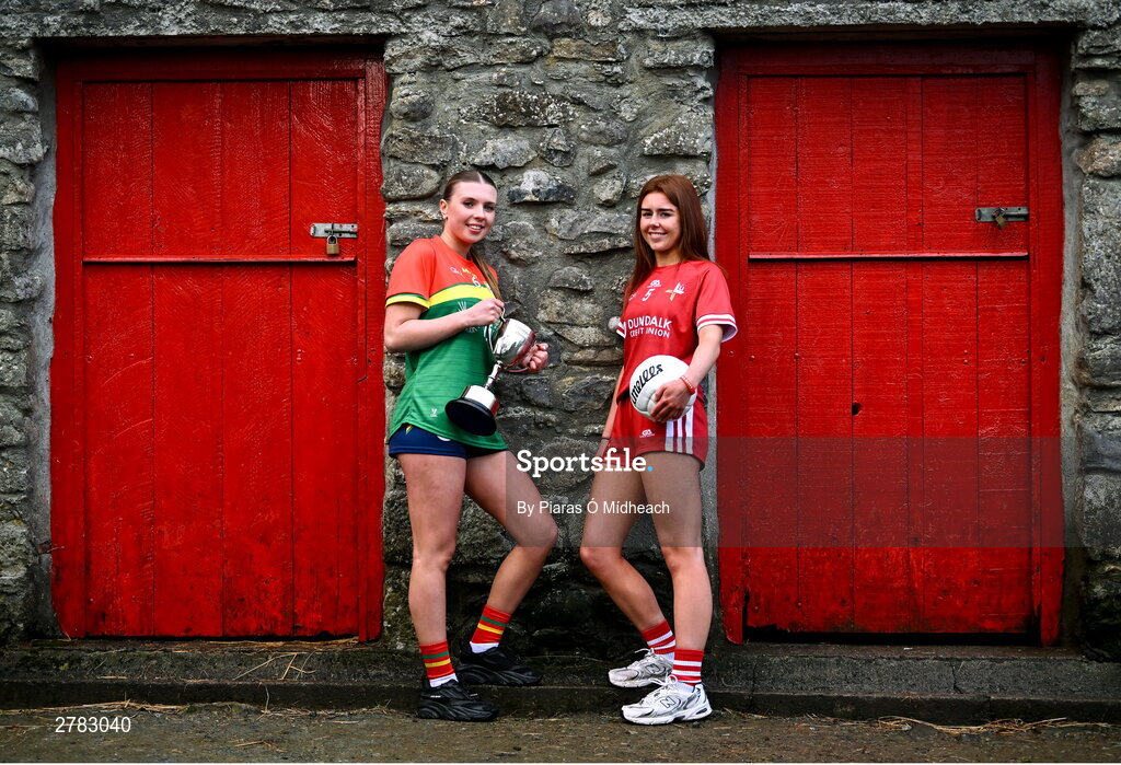 9 April 2024; Leinster LGFA Minor C finalist Brígh McEnteggart of Louth and semi-finalist Clodagh Mahon of Carlow at the Leinster LGFA Minor Captains’ evening at Dún na Sí Park in Moate, Westmeath, ahead of the upcoming 2024 Leinster LGFA Minor Championship Finals. Photo by Piaras Ó Mídheach/Sportsfile