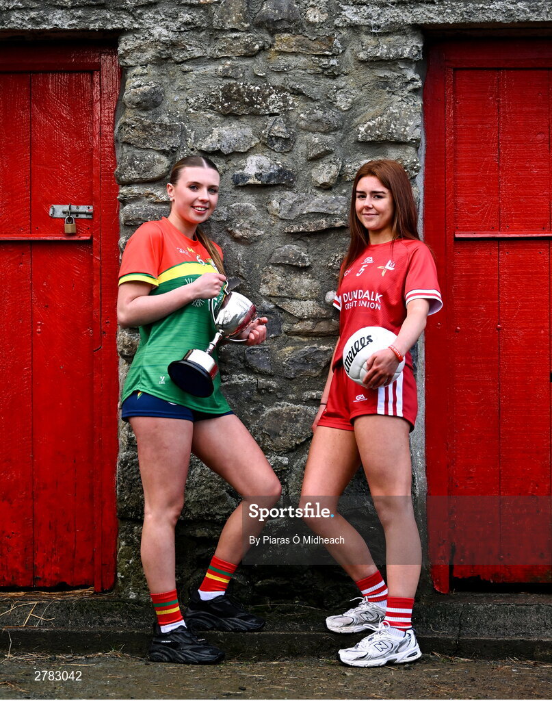 9 April 2024; Leinster LGFA Minor C finalist Brígh McEnteggart of Louth and semi-finalist Clodagh Mahon of Carlow at the Leinster LGFA Minor Captains’ evening at Dún na Sí Park in Moate, Westmeath, ahead of the upcoming 2024 Leinster LGFA Minor Championship Finals. Photo by Piaras Ó Mídheach/Sportsfile