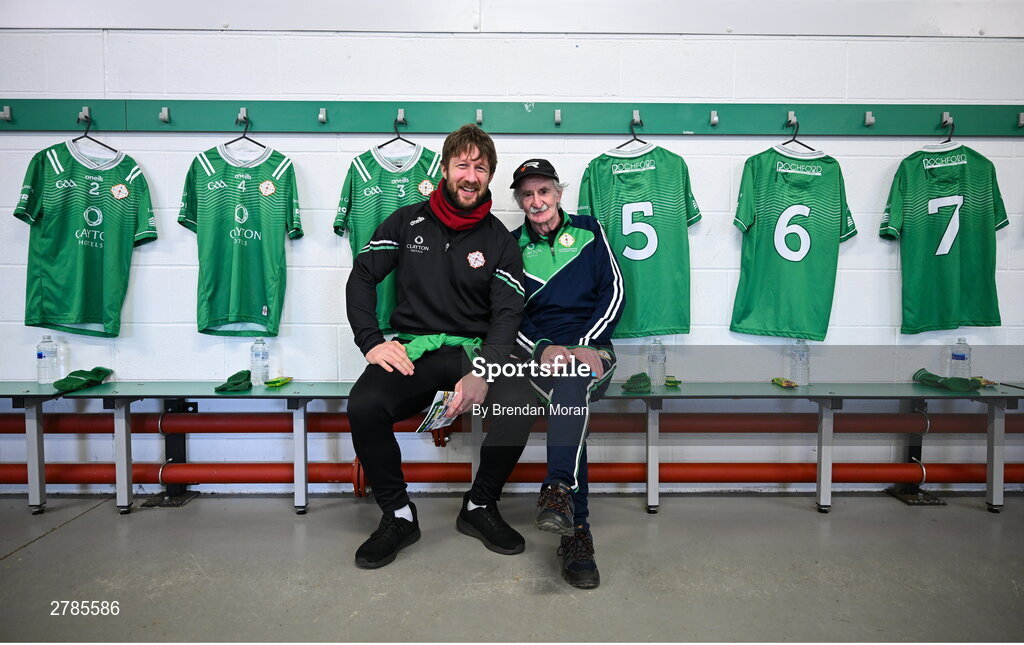 6 April 2024; London GAA kitman Phil Roche, right, and injured London player Cahir Healy, after preparing the dressing room, in his final season as kitman after 16 years, before the Connacht GAA Football Senior Championship quarter-final match between London and Galway at McGovern Park in Ruislip, England. Photo by Brendan Moran/Sportsfile