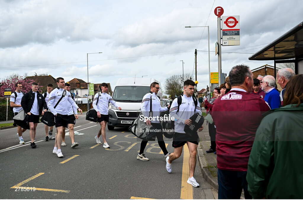 6 April 2024; Galway captain Sean Kelly leads his side as they arrive before the Connacht GAA Football Senior Championship quarter-final match between London and Galway at McGovern Park in Ruislip, England. Photo by Brendan Moran/Sportsfile