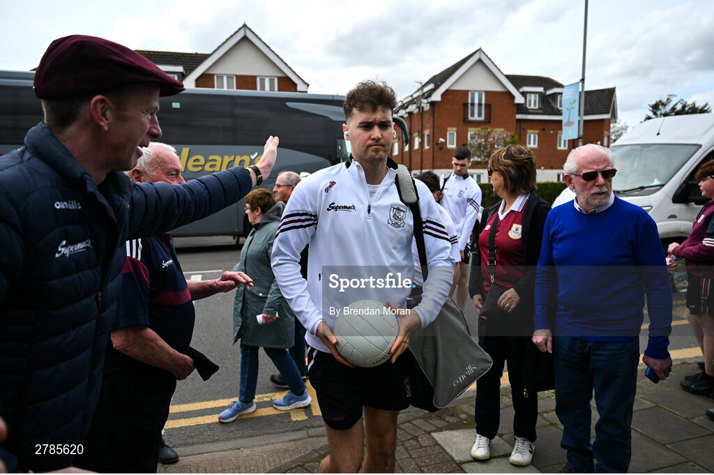 6 April 2024; Robert Finnerty of Galway arrives before the Connacht GAA Football Senior Championship quarter-final match between London and Galway at McGovern Park in Ruislip, England. Photo by Brendan Moran/Sportsfile