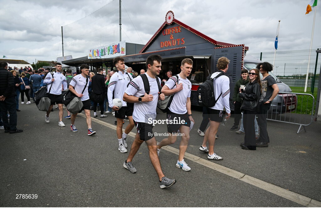 6 April 2024; The Galway team, including Cillian McDaid and Dylan McHugh, arrive before the Connacht GAA Football Senior Championship quarter-final match between London and Galway at McGovern Park in Ruislip, England. Photo by Brendan Moran/Sportsfile