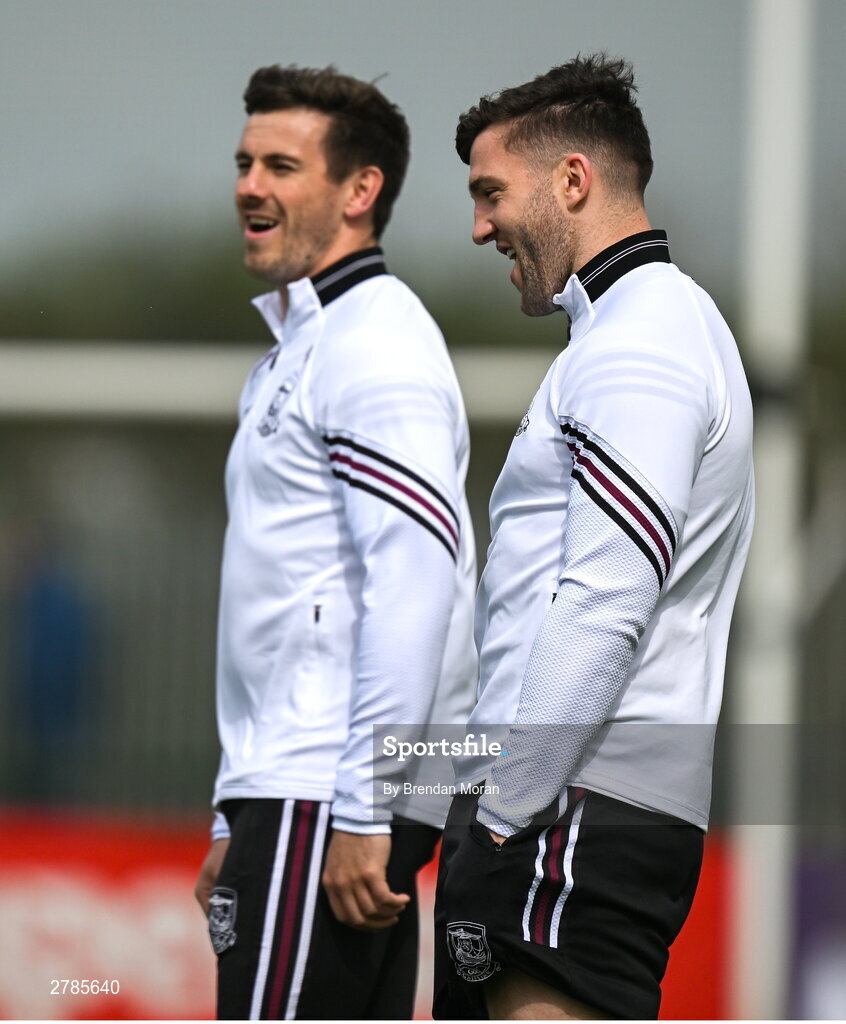6 April 2024; Shane Walsh, left, and Damien Comer of Galway before the Connacht GAA Football Senior Championship quarter-final match between London and Galway at McGovern Park in Ruislip, England. Photo by Brendan Moran/Sportsfile
