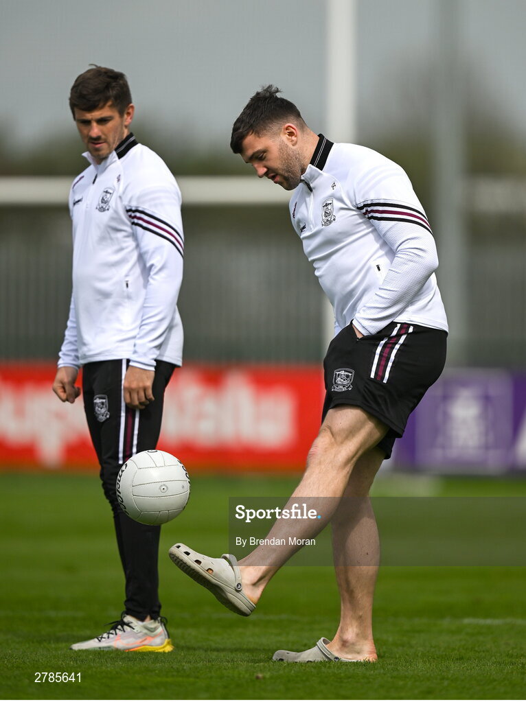 6 April 2024; Shane Walsh, left, and Damien Comer of Galway before the Connacht GAA Football Senior Championship quarter-final match between London and Galway at McGovern Park in Ruislip, England. Photo by Brendan Moran/Sportsfile