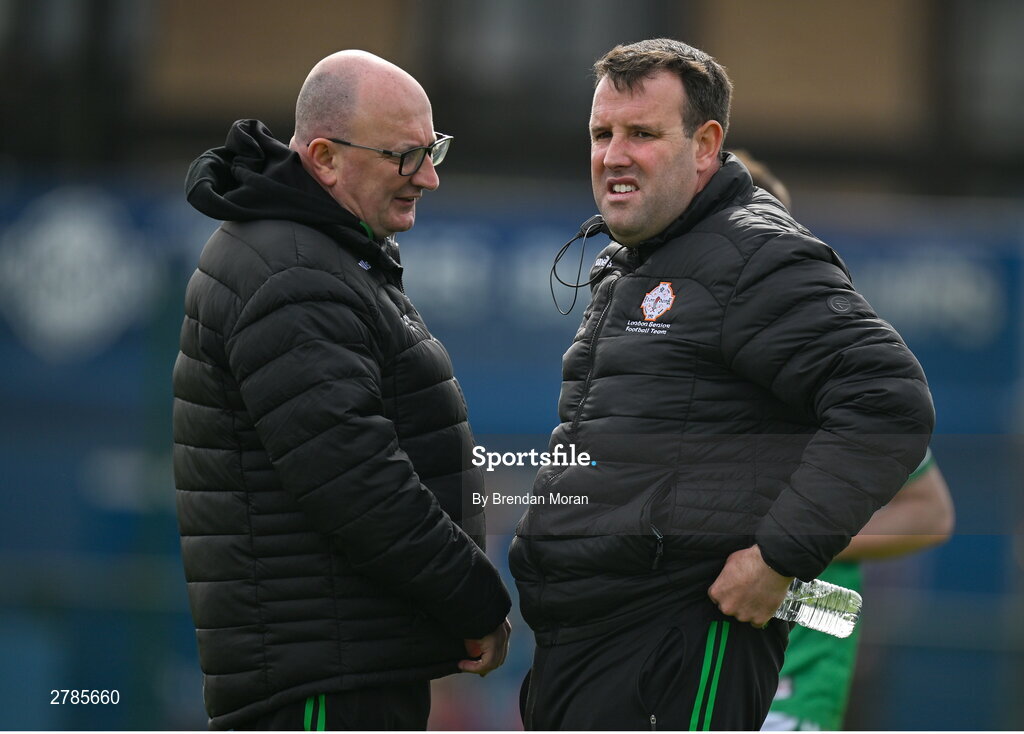 6 April 2024; London manager Michael Maher, right, and selector John Doyle before the Connacht GAA Football Senior Championship quarter-final match between London and Galway at McGovern Park in Ruislip, England. Photo by Brendan Moran/Sportsfile