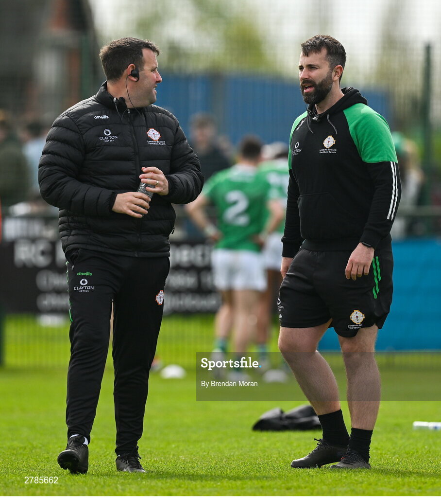 6 April 2024; London manager Michael Maher, left, and coach Michael Boyle before the Connacht GAA Football Senior Championship quarter-final match between London and Galway at McGovern Park in Ruislip, England. Photo by Brendan Moran/Sportsfile