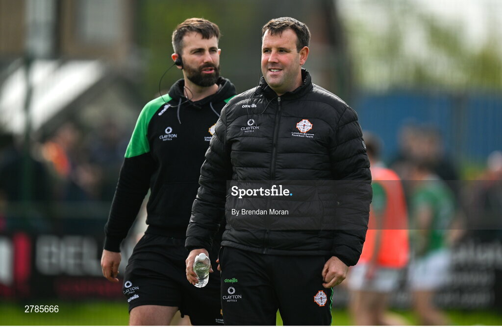 6 April 2024; London manager Michael Maher, right, and coach Michael Boyle before the Connacht GAA Football Senior Championship quarter-final match between London and Galway at McGovern Park in Ruislip, England. Photo by Brendan Moran/Sportsfile