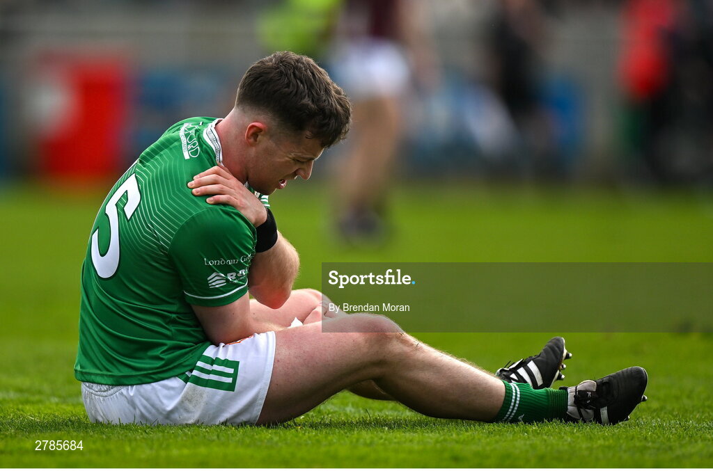 6 April 2024; Nathan McElwaine of London sustains an injury during the Connacht GAA Football Senior Championship quarter-final match between London and Galway at McGovern Park in Ruislip, England. Photo by Brendan Moran/Sportsfile