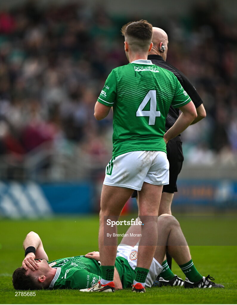 6 April 2024; Nathan McElwaine of London sustains an injury during the Connacht GAA Football Senior Championship quarter-final match between London and Galway at McGovern Park in Ruislip, England. Photo by Brendan Moran/Sportsfile