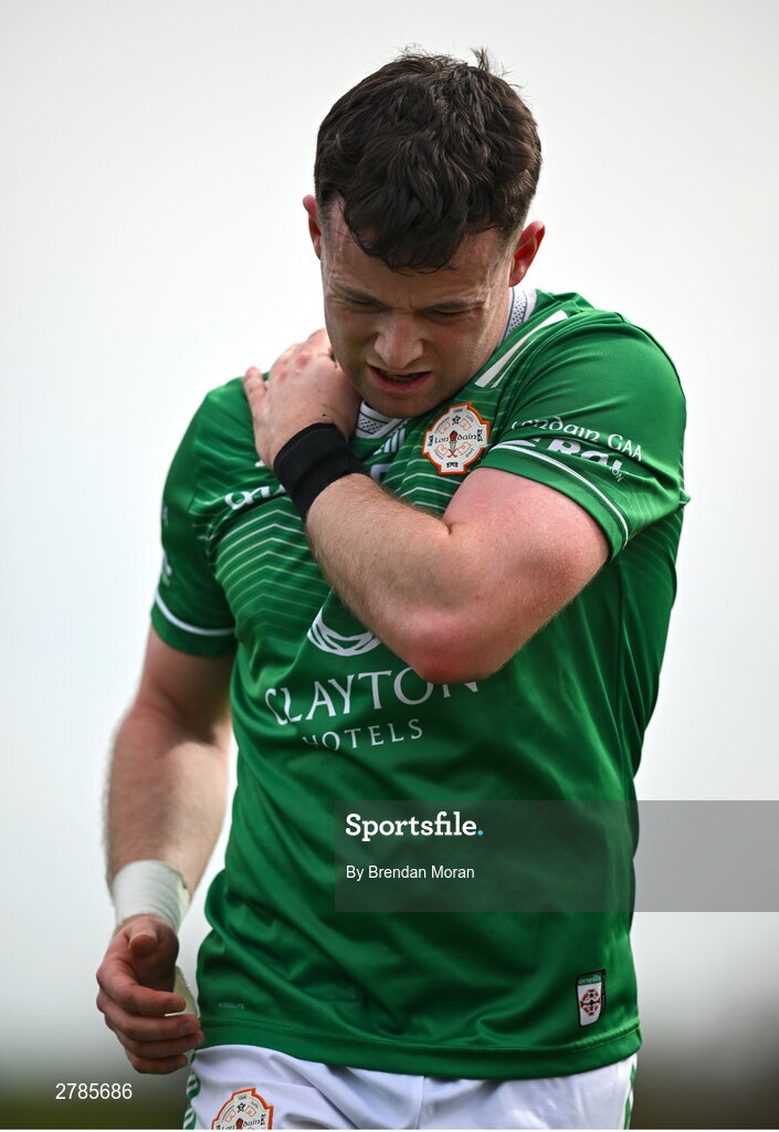 6 April 2024; Nathan McElwaine of London sustains an injury during the Connacht GAA Football Senior Championship quarter-final match between London and Galway at McGovern Park in Ruislip, England. Photo by Brendan Moran/Sportsfile