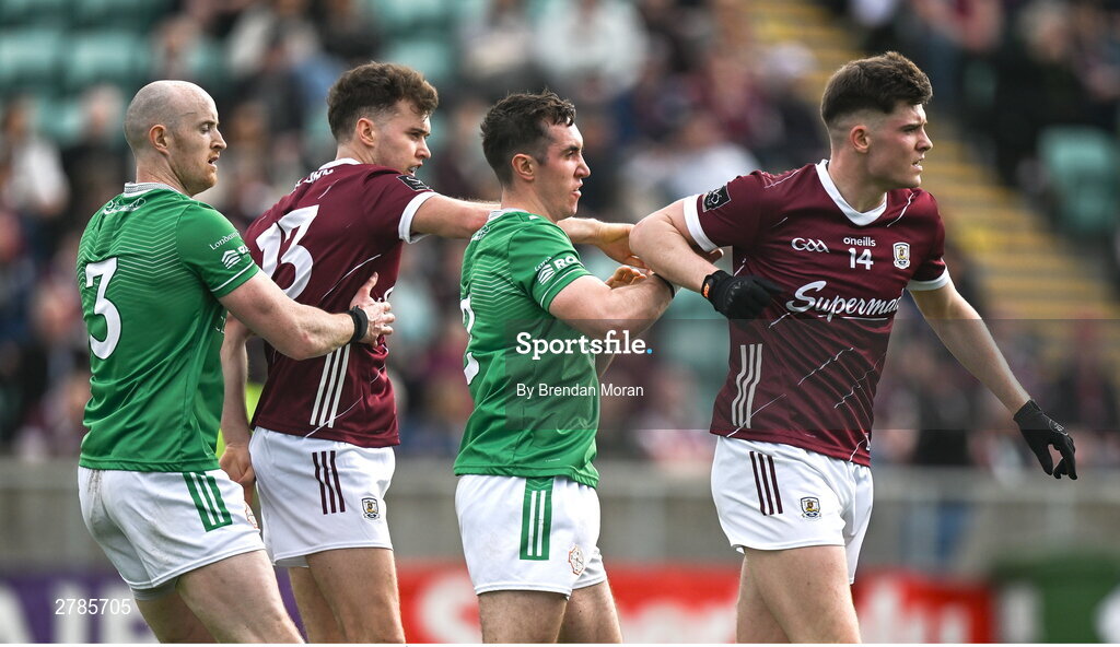 6 April 2024; Matt Moynihan, left, and Daire Rooney of London tussle with Robert Finnerty and Cillian Ó Curraoin of Galway during the Connacht GAA Football Senior Championship quarter-final match between London and Galway at McGovern Park in Ruislip, England. Photo by Brendan Moran/Sportsfile