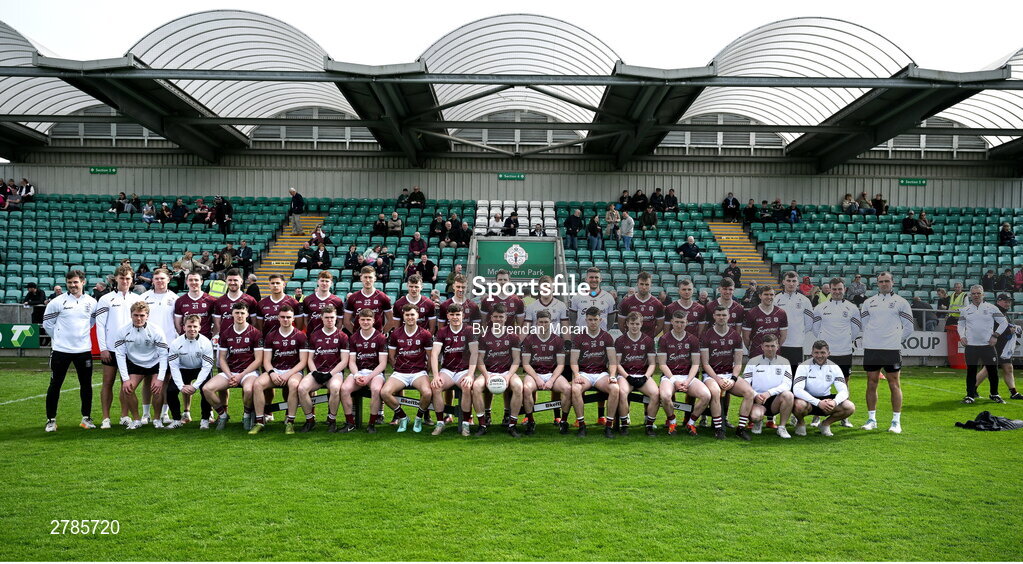 6 April 2024; Galway manager Pádraic Joyce, right, watches as the Galway team sit for a team photograph before the Connacht GAA Football Senior Championship quarter-final match between London and Galway at McGovern Park in Ruislip, England. Photo by Brendan Moran/Sportsfile