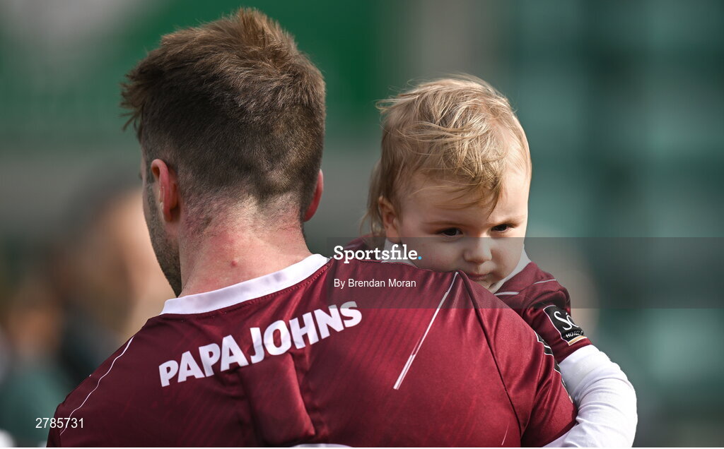 6 April 2024; Paul Conroy of Galway with his son Páidí after the Connacht GAA Football Senior Championship quarter-final match between London and Galway at McGovern Park in Ruislip, England. Photo by Brendan Moran/Sportsfile
