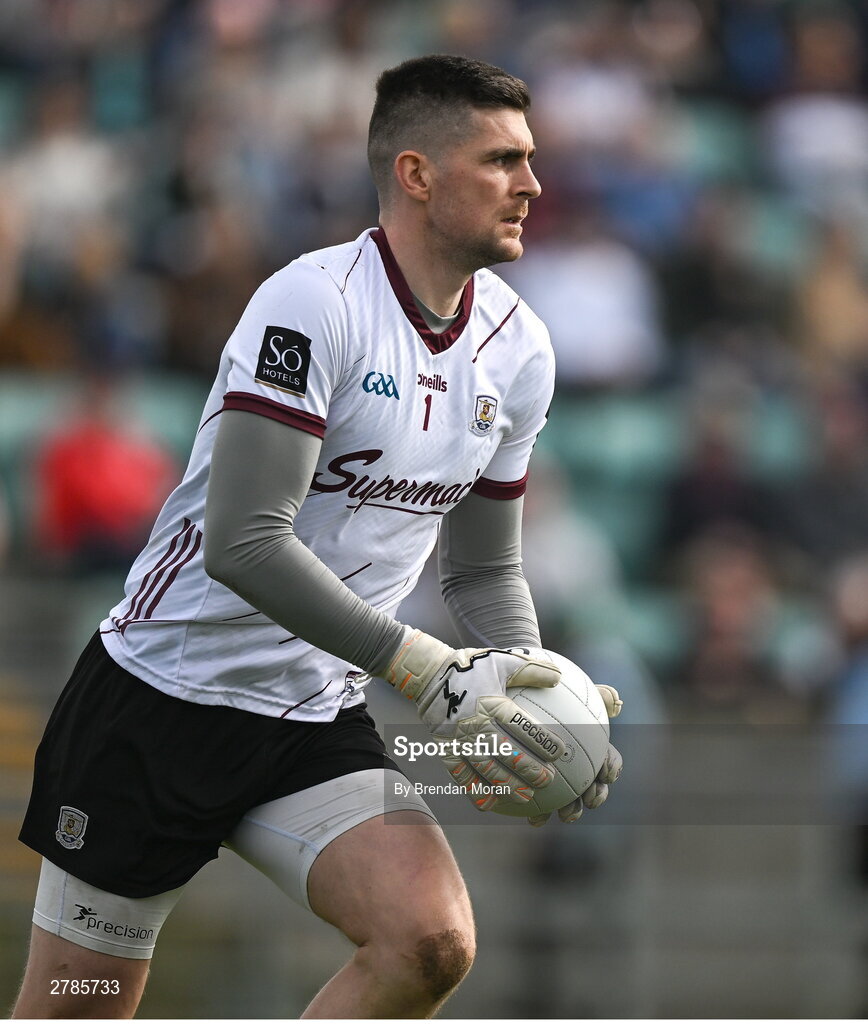 6 April 2024; Galway goalkeeper Connor Gleeson during the Connacht GAA Football Senior Championship quarter-final match between London and Galway at McGovern Park in Ruislip, England. Photo by Brendan Moran/Sportsfile