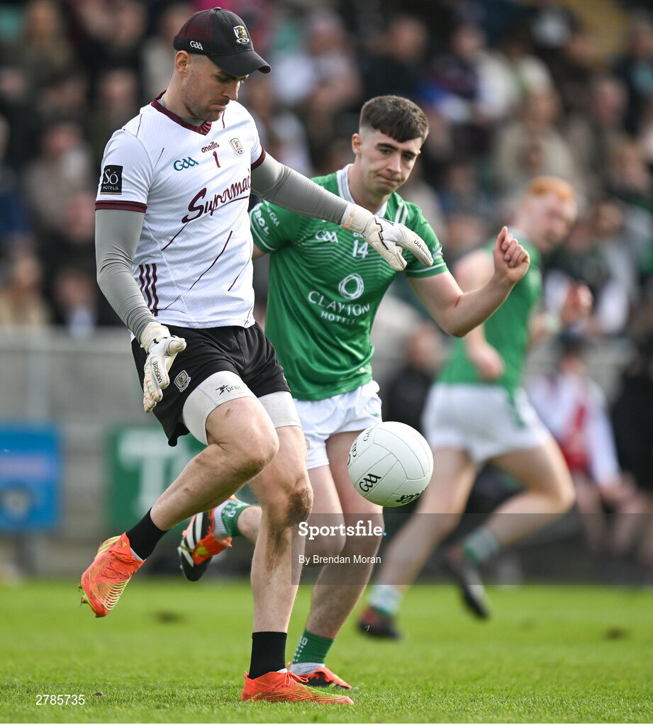 6 April 2024; Galway goalkeeper Connor Gleeson in action against Shay Rafter of London during the Connacht GAA Football Senior Championship quarter-final match between London and Galway at McGovern Park in Ruislip, England. Photo by Brendan Moran/Sportsfile