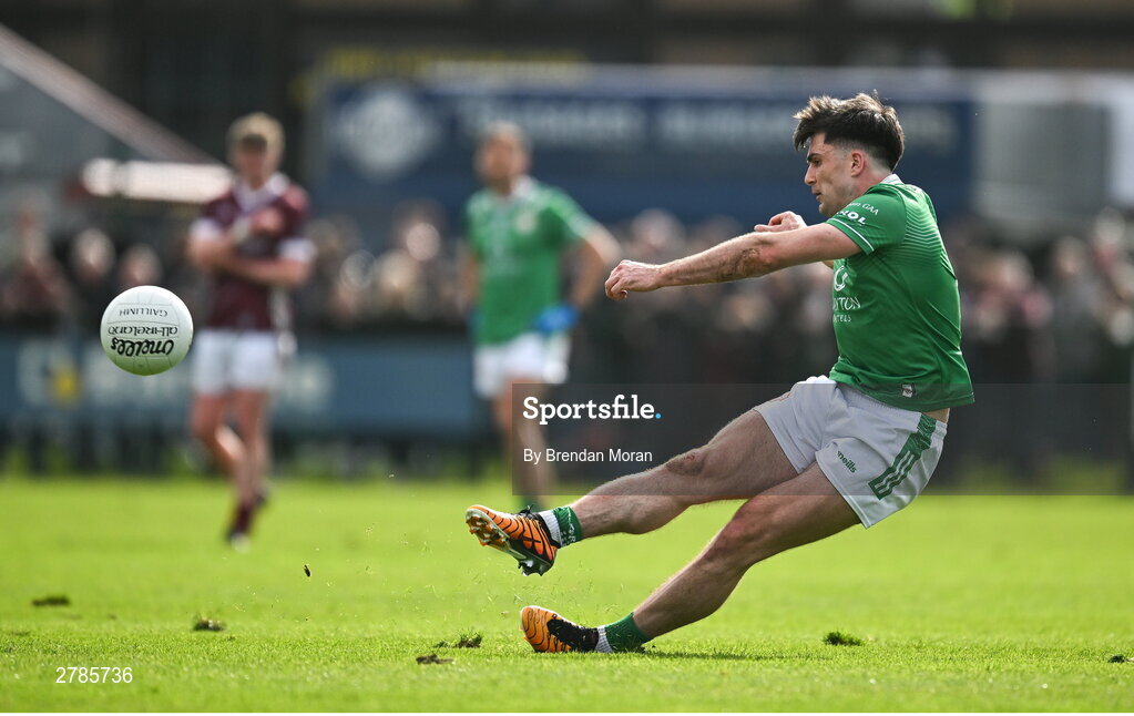 6 April 2024; Liam Gallagher of London slips as he takes a free kick during the Connacht GAA Football Senior Championship quarter-final match between London and Galway at McGovern Park in Ruislip, England. Photo by Brendan Moran/Sportsfile