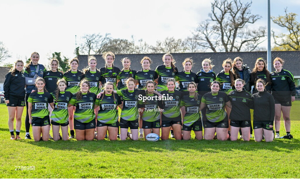 13 April 2024; The Portdara team before the Leinster Rugby Girl's U18 semi-final match between Naas and Portdara at Naas RFC in Kildare. Photo by Tyler Miller/Sportsfile
