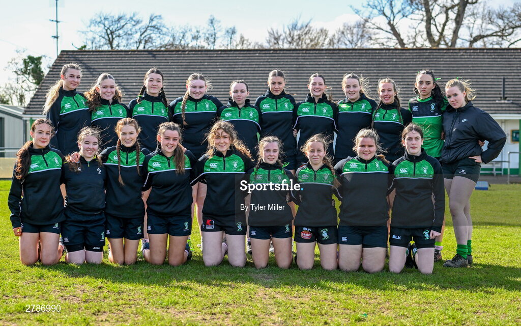 13 April 2024; The Naas team before the Leinster Rugby Girl's U18 semi-final match between Naas and Portdara at Naas RFC in Kildare. Photo by Tyler Miller/Sportsfile