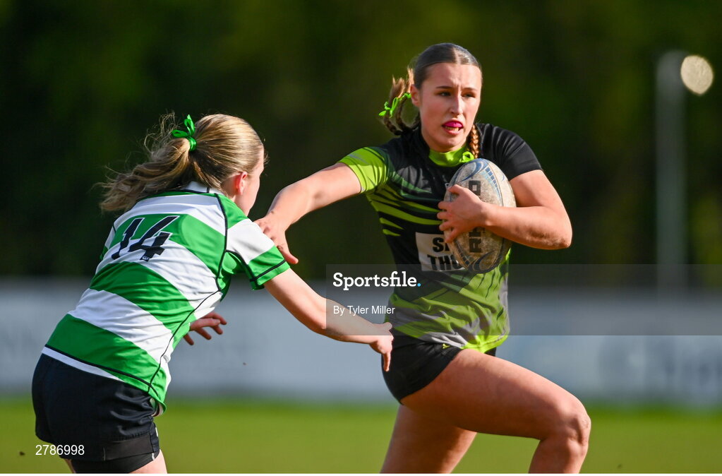 13 April 2024; Ellie White of Portdara in action against Lily Haslam of Naas during the Leinster Rugby Girl's U18 semi-final match between Naas and Portdara at Naas RFC in Kildare. Photo by Tyler Miller/Sportsfile