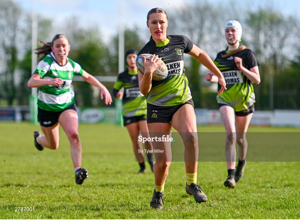 13 April 2024; Ellie White of Portdara on her way to scoring her side's first try during the Leinster Rugby Girl's U18 semi-final match between Naas and Portdara at Naas RFC in Kildare. Photo by Tyler Miller/Sportsfile