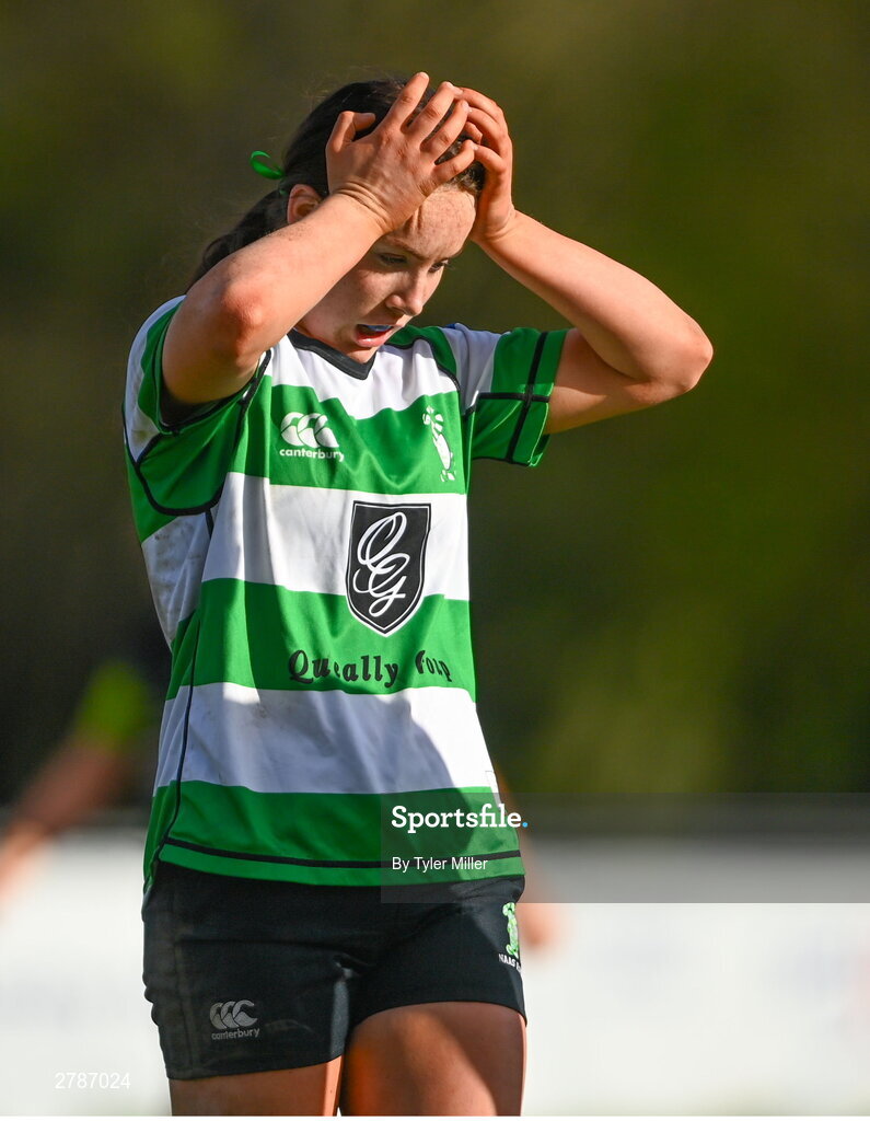 13 April 2024; Lilly Clohessy of Naas reacts during the Leinster Rugby Girl's U18 semi-final match between Naas and Portdara at Naas RFC in Kildare. Photo by Tyler Miller/Sportsfile