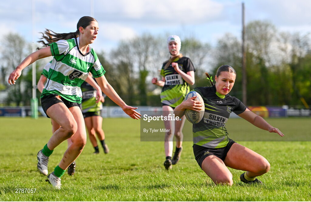 13 April 2024; Ellie White of Portdara dives over to score her side's first try during the Leinster Rugby Girl's U18 semi-final match between Naas and Portdara at Naas RFC in Kildare. Photo by Tyler Miller/Sportsfile