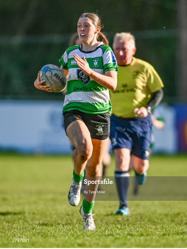 13 April 2024; Sophie Cullen of Naas during the Leinster Rugby Girl's U18 semi-final match between Naas and Portdara at Naas RFC in Kildare. Photo by Tyler Miller/Sportsfile