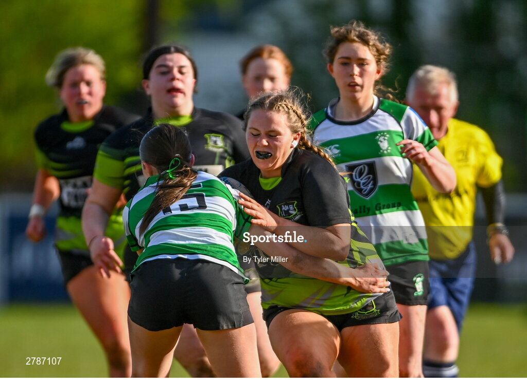 13 April 2024; Avril Whittle of Portdara is tackled by Sophie Cullen of Naas during the Leinster Rugby Girl's U18 semi-final match between Naas and Portdara at Naas RFC in Kildare. Photo by Tyler Miller/Sportsfile