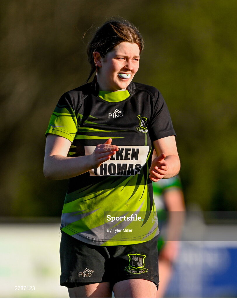 13 April 2024; Nicole Walsh of Portdara reacts after being awarded a turnover during the Leinster Rugby Girl's U18 semi-final match between Naas and Portdara at Naas RFC in Kildare. Photo by Tyler Miller/Sportsfile