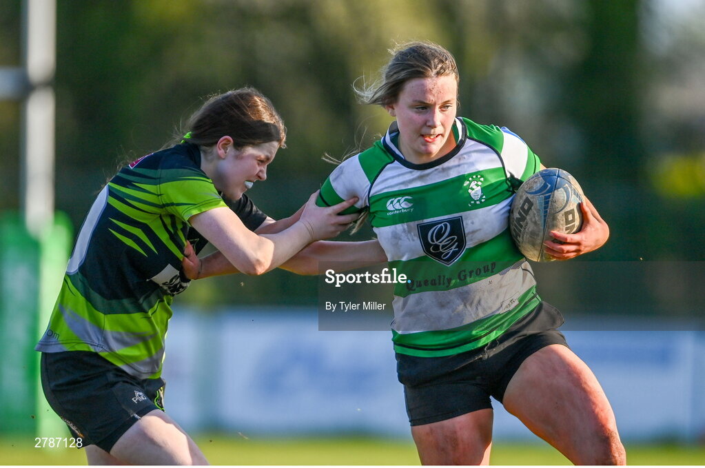 13 April 2024; Sophie Francis of Naas in action against Nicole Walsh of Portdara during the Leinster Rugby Girl's U18 semi-final match between Naas and Portdara at Naas RFC in Kildare. Photo by Tyler Miller/Sportsfile