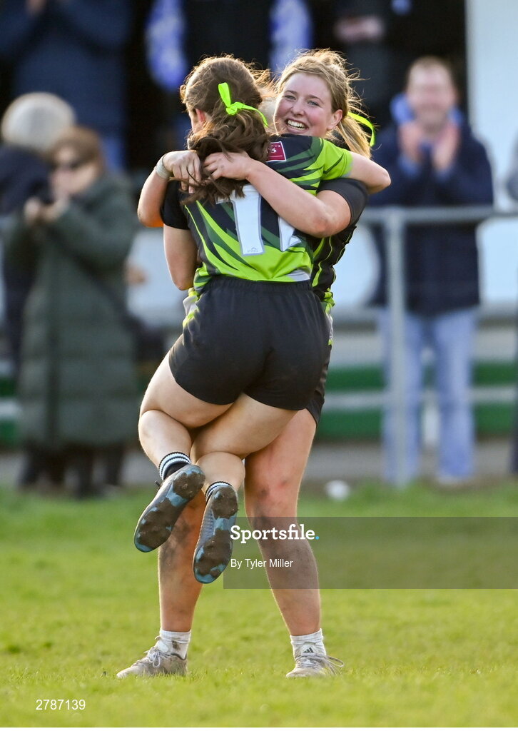 13 April 2024; Kate Noons of Portdara, right, celebrates with team-mate Anna Taylor after the Leinster Rugby Girl's U18 semi-final match between Naas and Portdara at Naas RFC in Kildare. Photo by Tyler Miller/Sportsfile