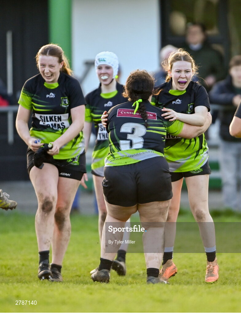 13 April 2024; Amelia Walsh of Portdara, right, celebrates with team-mate Clodagh Goulding after the Leinster Rugby Girl's U18 semi-final match between Naas and Portdara at Naas RFC in Kildare. Photo by Tyler Miller/Sportsfile