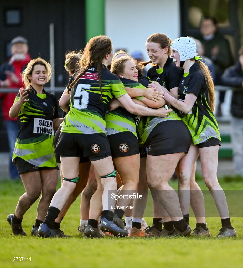 13 April 2024; The Portdara team celebrate after the Leinster Rugby Girl's U18 semi-final match between Naas and Portdara at Naas RFC in Kildare. Photo by Tyler Miller/Sportsfile