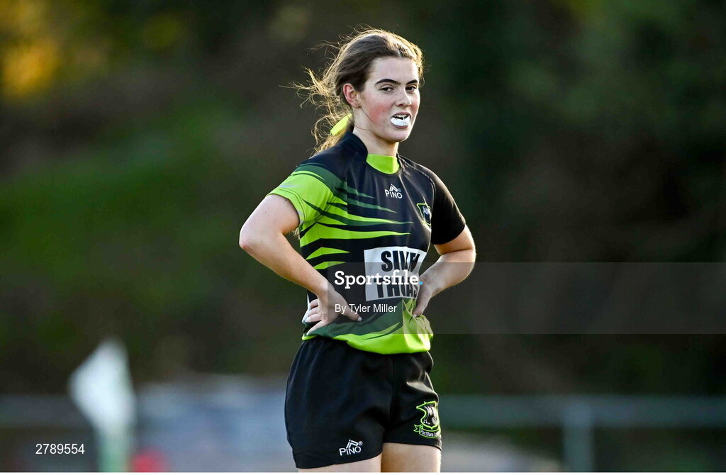 13 April 2024; Anna Taylor of Portdara during the Leinster Rugby Girl's U18 semi-final match between Naas and Portdara at Naas RFC in Kildare. Photo by Tyler Miller/Sportsfile