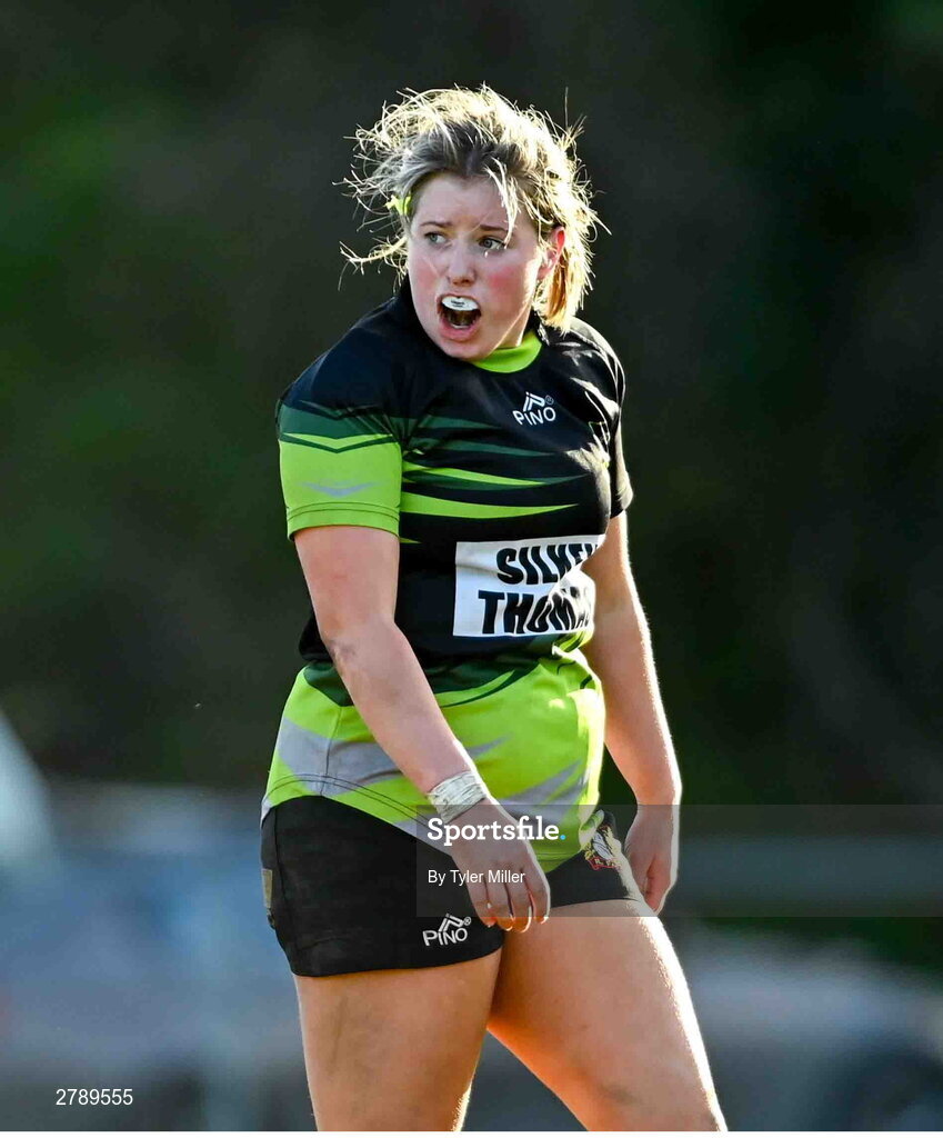 13 April 2024; Avril Whittle of Portdara during the Leinster Rugby Girl's U18 semi-final match between Naas and Portdara at Naas RFC in Kildare. Photo by Tyler Miller/Sportsfile