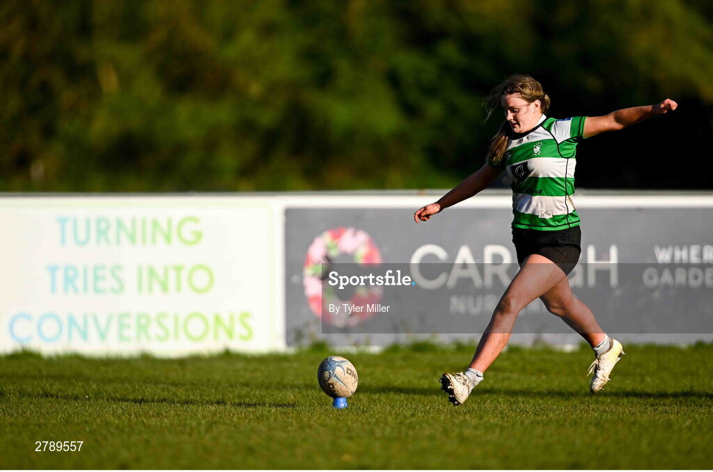 13 April 2024; Sophie Francis of Naas kicks a conversion during the Leinster Rugby Girl's U18 semi-final match between Naas and Portdara at Naas RFC in Kildare. Photo by Tyler Miller/Sportsfile