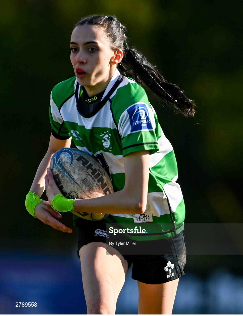 13 April 2024; Alice Boland of Naas during the Leinster Rugby Girl's U18 semi-final match between Naas and Portdara at Naas RFC in Kildare. Photo by Tyler Miller/Sportsfile