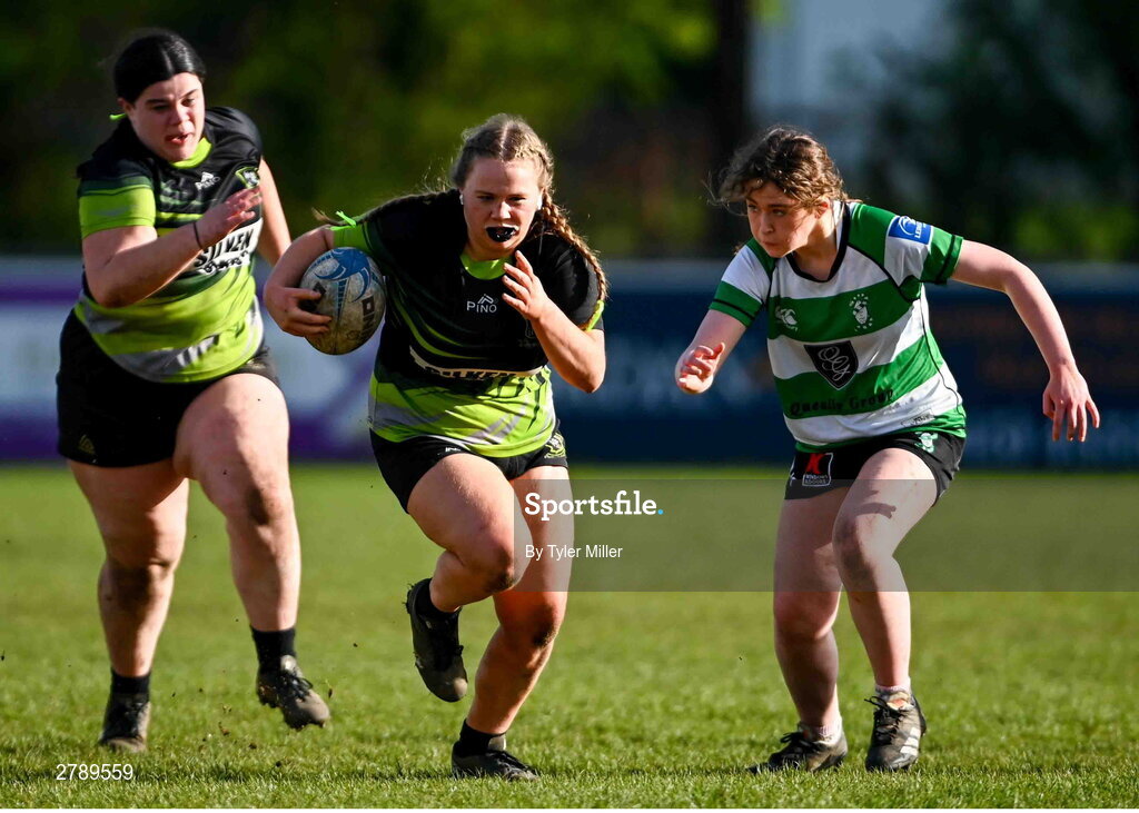 13 April 2024; Avril Whittle of Portdara during the Leinster Rugby Girl's U18 semi-final match between Naas and Portdara at Naas RFC in Kildare. Photo by Tyler Miller/Sportsfile