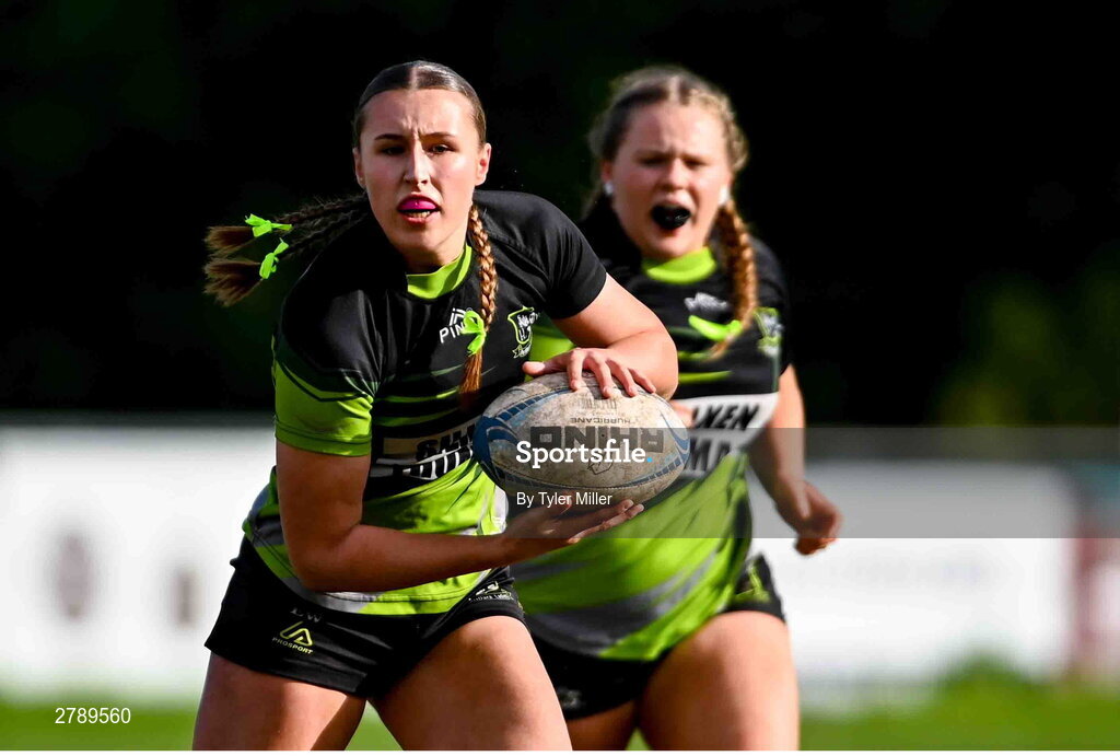 13 April 2024; Ellie White of Portdara during the Leinster Rugby Girl's U18 semi-final match between Naas and Portdara at Naas RFC in Kildare. Photo by Tyler Miller/Sportsfile