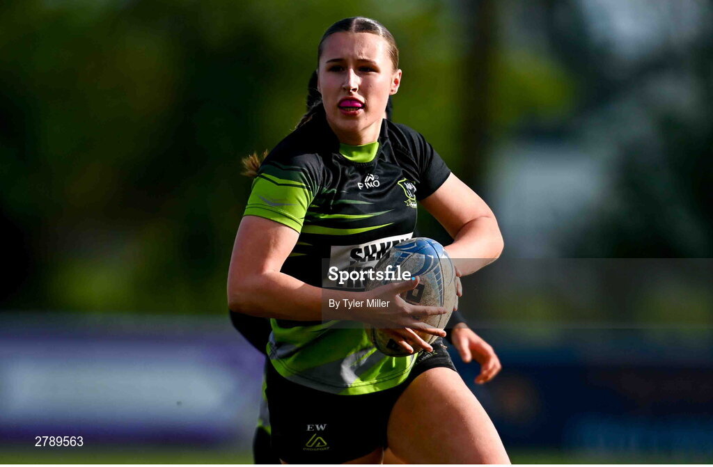 13 April 2024; Ellie White of Portdara during the Leinster Rugby Girl's U18 semi-final match between Naas and Portdara at Naas RFC in Kildare. Photo by Tyler Miller/Sportsfile