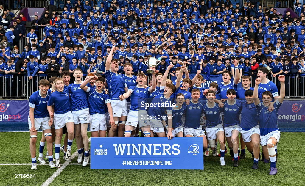 20 March 2024; St Mary's College players and supporters celebrate after the Bank of Ireland Leinster Schools Junior Cup final match between St Mary's College and Terenure College at Energia Park in Dublin. Photo by Daire Brennan/Sportsfile