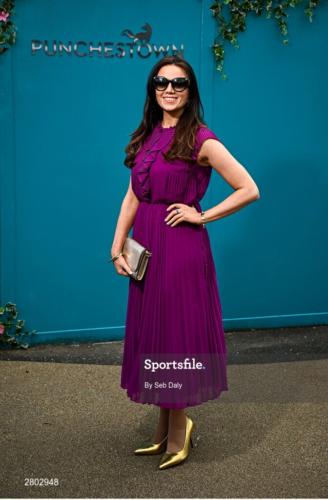 1 May 2024; Racegoer Elaine Stenson, from Dublin, stands for a portrait, ahead of racing on day two of the Punchestown Festival at Punchestown Racecourse in Kildare. Photo by Seb Daly/Sportsfile
